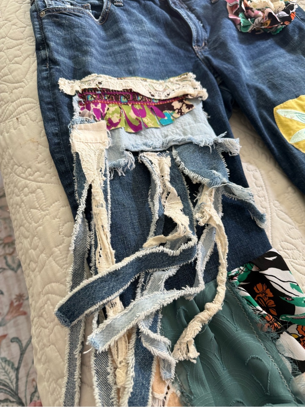 Artisan Upcycled Scrappy Denim Boho Jeans Size 32 - Picture 12 of 16